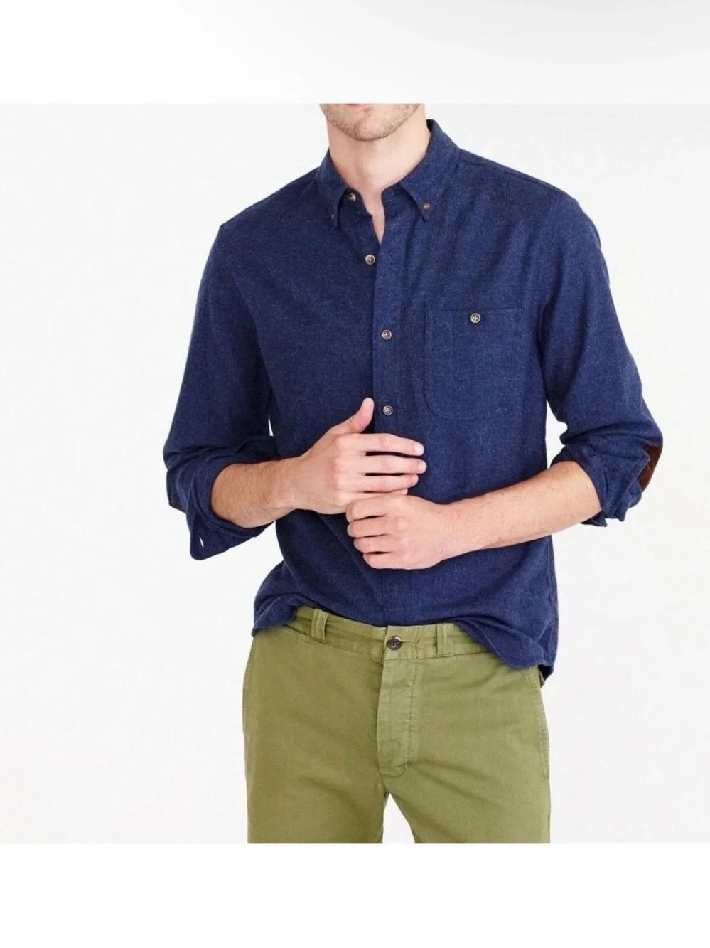 J.Crew Cotton-Wool Elbow-Patch Shirt in Solid Heather Naval Size XL